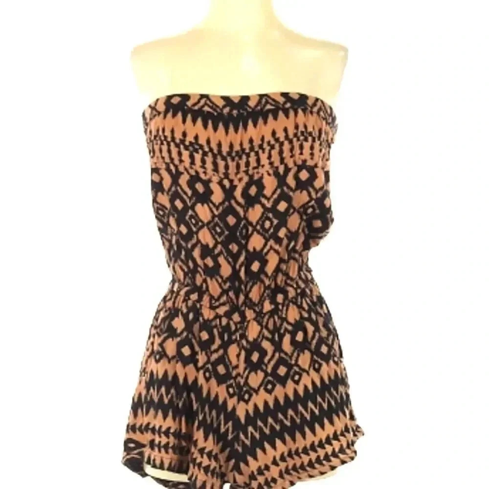 ANGIE tan and black print strapless romper Size Small